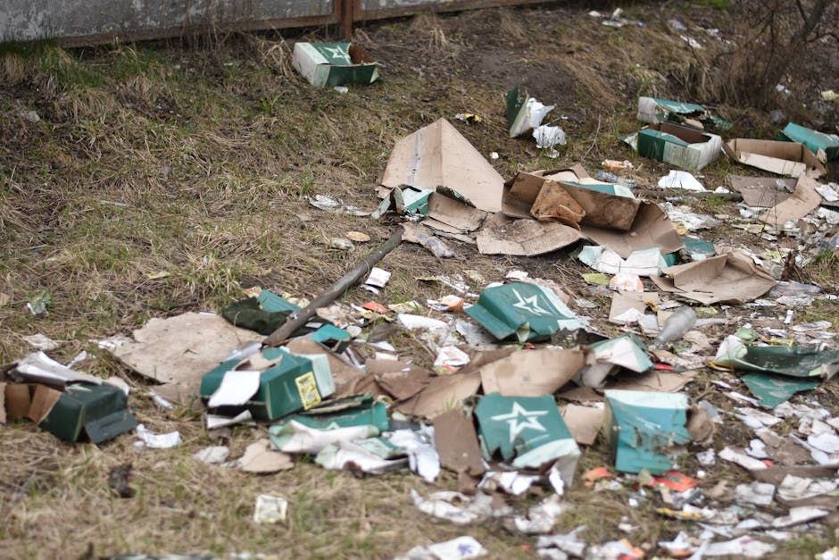 A patch of ground near a grassy area and a concrete wall is covered with litter consisting mainly of flattened cardboard boxes, some torn and crumpled, with visible printed logos and product information. The cardboard appears weathered with varying shades of brown and green, with rough, uneven edges. Scattered among the boxes are smaller pieces of paper, plastic wrappers, and debris, creating a cluttered scene. The ground is a mix of dirt and sparse grass, with some blades visible amid the trash. In the background, there is a wooden fence or paneling partially visible at the top of the image. The scene is outdoors, illuminated by natural light, and shows signs of casual dumping or discarded waste, which could be managed through an independent rubbish clearance service like Rubbish Clearance Highbury.